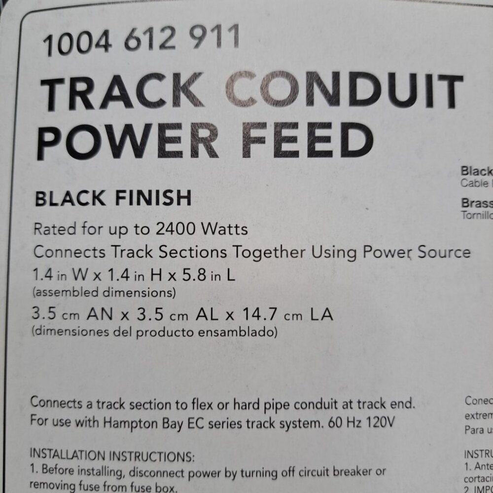 (2- Pack) Hampton Bay Track Lighting Conduit Power Feed Black 2400W 1004 612 911 - Picture 7 of 8